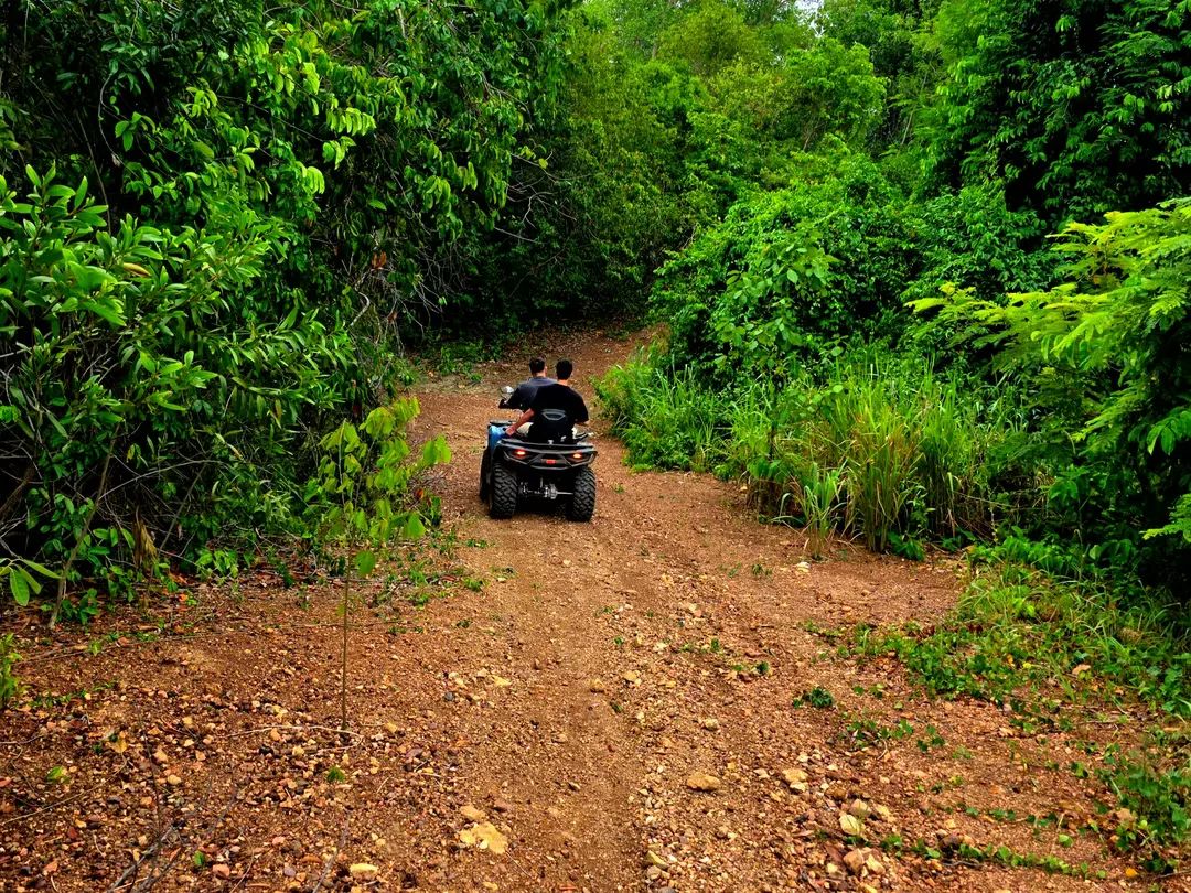 Two riders on an ATV heading down a green jungle trail near Pattaya